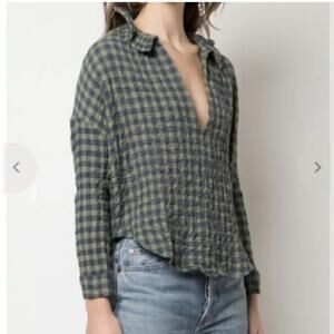 A Shirt Thing Cotton Gauze Gingham Plaid Green Popover Blouse Size S V Neck USA